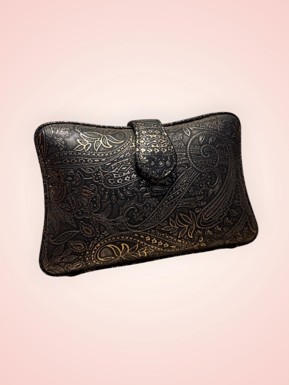 Black and Gold Paisley-Patterned Hard Clutch